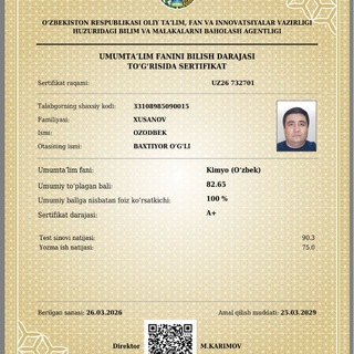 Логотип @kimyo_xusanov100 - KIMYO DARSLARI (XUSANOV OZODBEK)